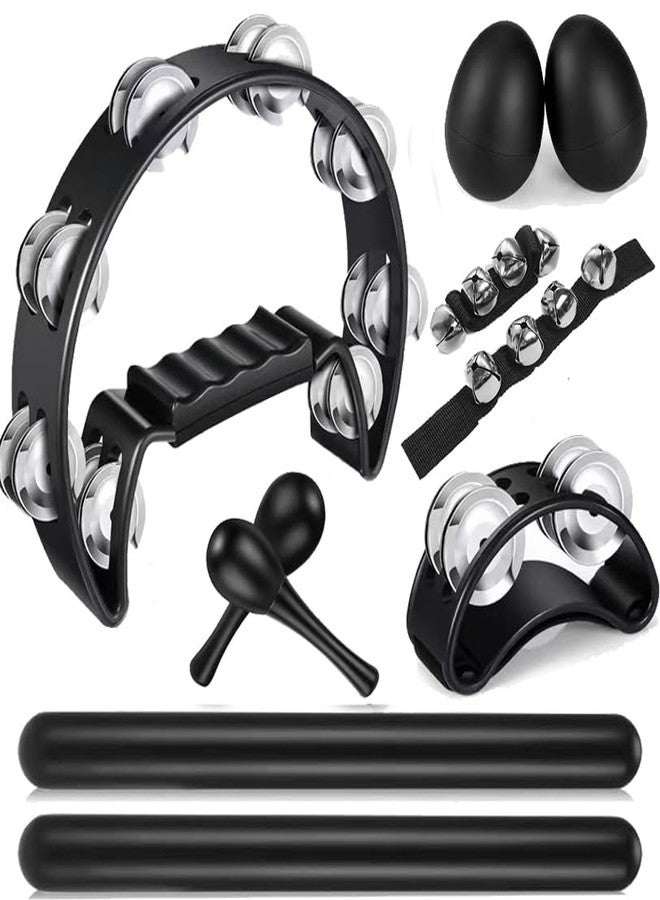 Rrayia 8 Pcs Tambourines for Adults, Hand Held Half Moon Tambourine Foot with Bells Wood Rhythm Sticks Egg Shakers Musical Hand Percussion Instrument Set for Church KTV School Party Music Supplies - Image 1