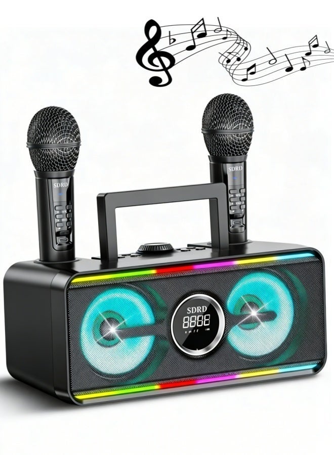 SDRD Portable Bluetooth Karaoke Machine - Suitable for Adults and Children, Equipped with 2 UHF Wireless Microphones, LED Lights, Perfect for Family Parties, Weddings, and Outdoor Activities - Image 1