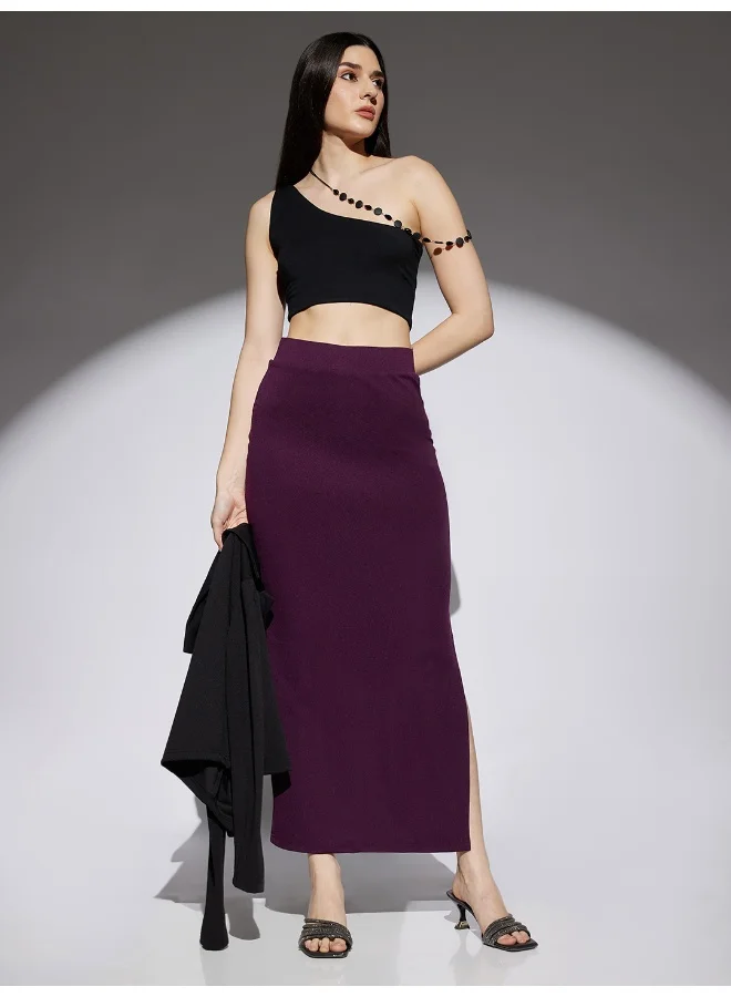globus Women Wine Shimmer Detail High Rise Side Slit Snug Fit Pencil Maxi Party Skirt