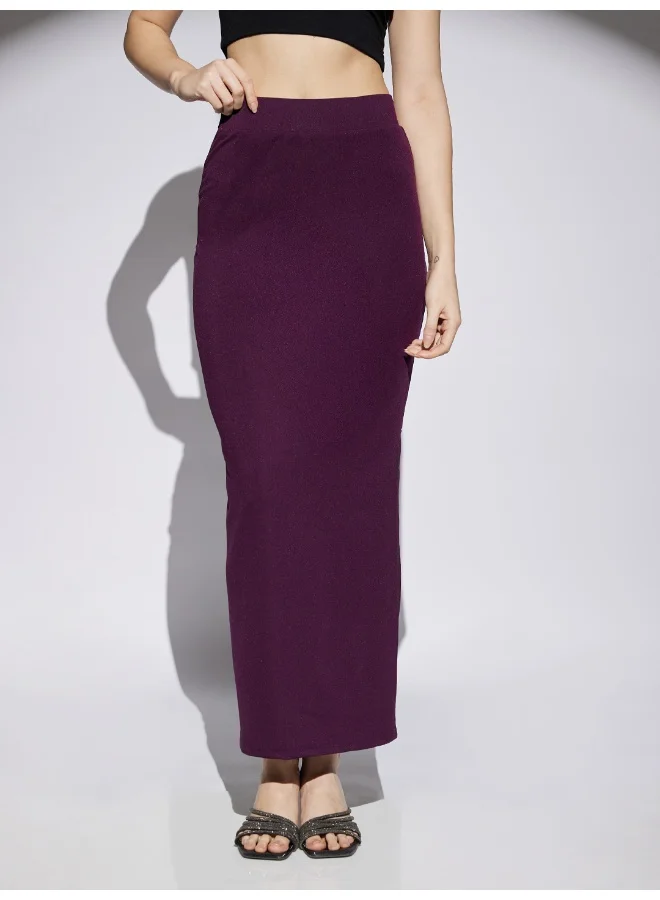 globus Women Wine Shimmer Detail High Rise Side Slit Snug Fit Pencil Maxi Party Skirt