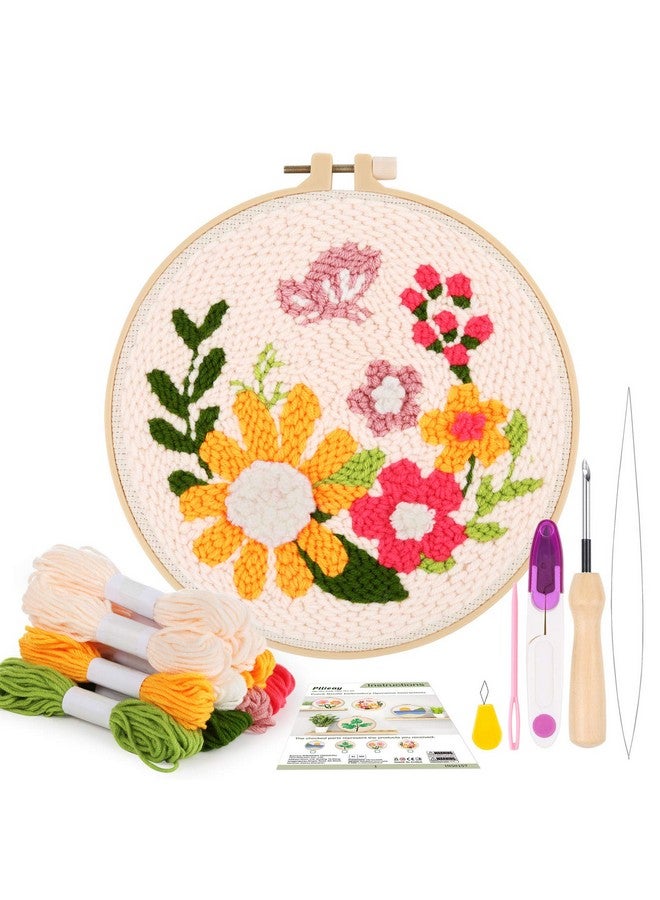 Pllieay Punch Needle Embroidery Starter Kits For Kids And Adults Beginners Include Instructions Punch Needle Fabric With Floral Pattern Yarns Embroidery Hoops And Threader Tools  - Image 1
