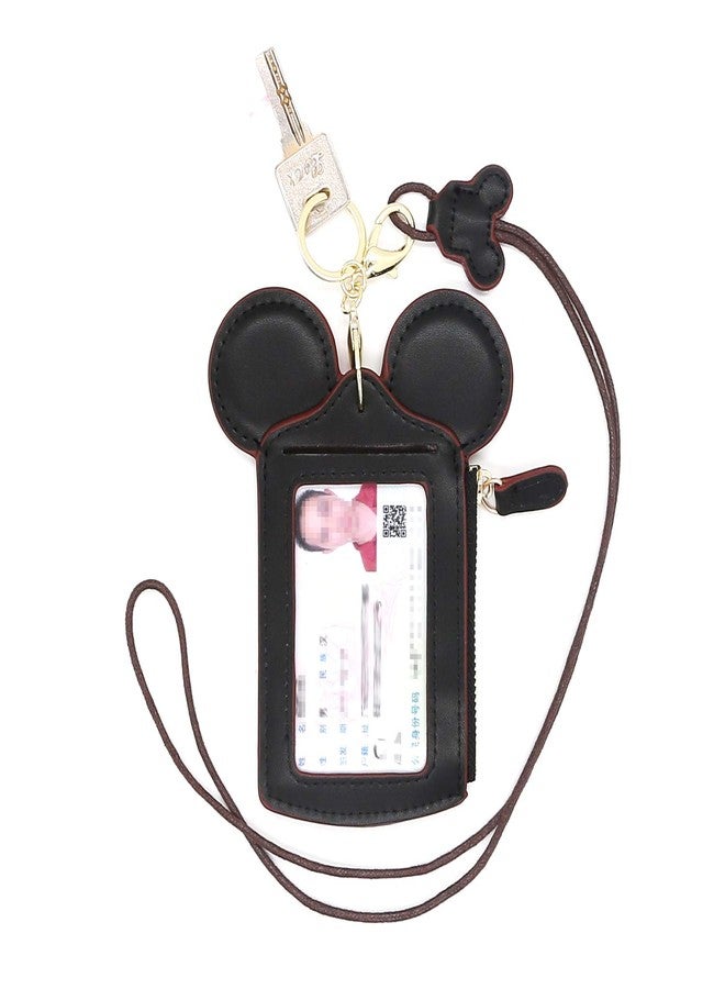 QiMing Mouse Ears Card Holder,PU Lovely Lanyard Family Toys for Girl Woman, Black, Small, Comfort - Image 1