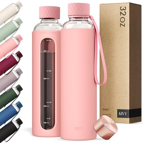 KIVY Glass Water Bottle with Silicone Sleeve 32 oz WITH MEASUREMENT Borosilicate Glass Water Bottle Screw Top Clear Bottles with Measurement Marking Slim Waterbottle Aesthetic Pink - Image 1