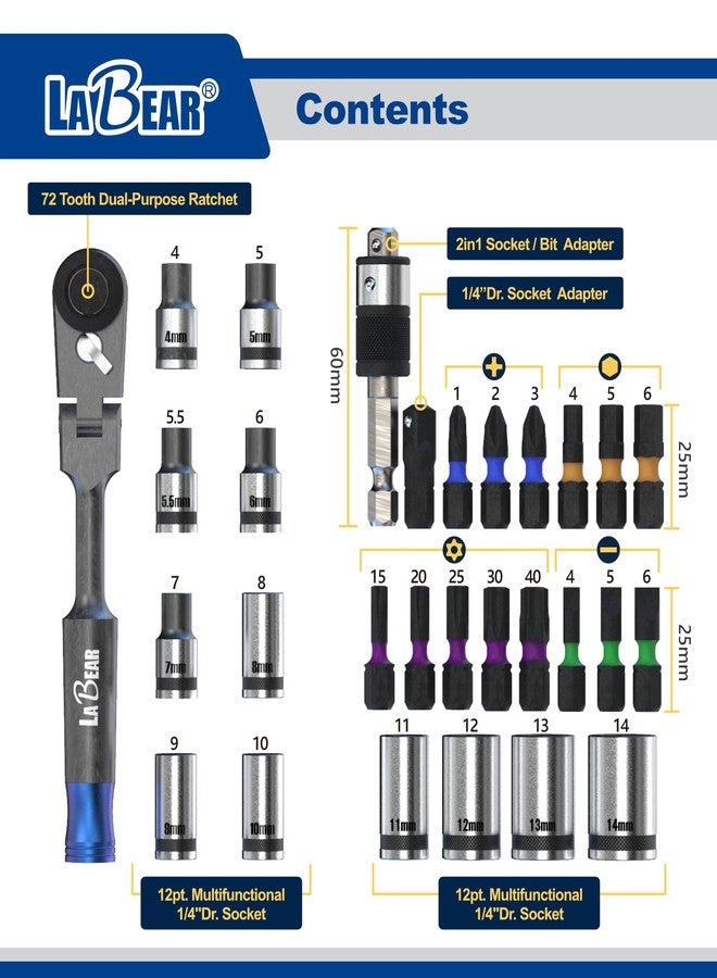 LaBear 29-Piece 1/4" Ratchet & 1/4'' Dr. Socket Set / 2-in-1 Bit & Socket Holder 1/4-inch S2 Impact Bits, Socket Adapter for home electronics, vehicles - Image 3