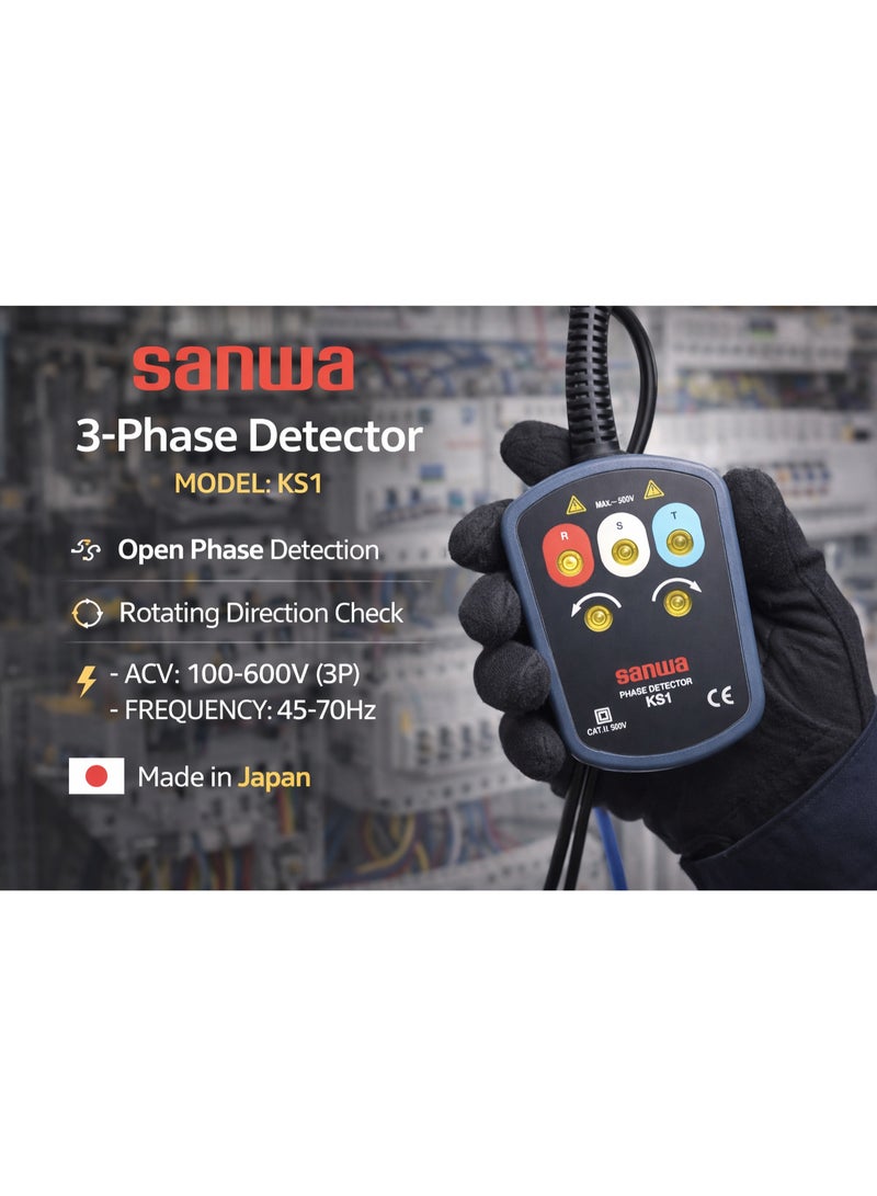 Sanwa KS1 Phase Sequence Indicator 3 Phase Rotation Tester 100–600V 45–70Hz Open Phase Detector Meter Made in Japan - Image 3