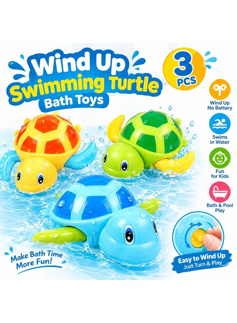 3 Pcs Wind Up Swimming Turtle Bath Toys, Bath Toys for Toddlers, Floating Water Toys for Bathtub & Pool, No Battery Clockwork Swimming Toys for Kids - Image 1