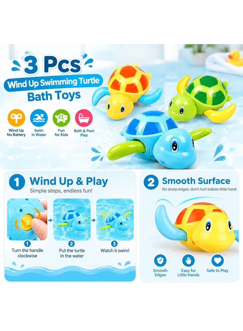 3 Pcs Wind Up Swimming Turtle Bath Toys, Bath Toys for Toddlers, Floating Water Toys for Bathtub & Pool, No Battery Clockwork Swimming Toys for Kids - Image 2
