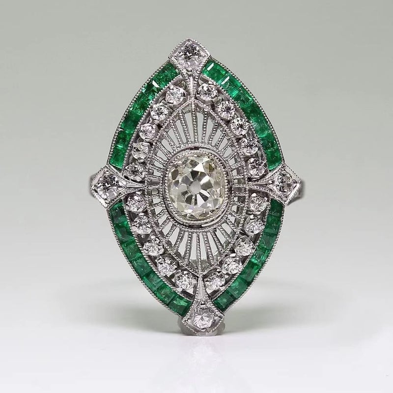 AZQ Vintage 925 Sterling Silver Emerald Ring Cocktail Rings Oval Cut Green Gem Cubic Zirconia Anniversary Promise Ring CZ Eternity Engagement Wedding Band Ring for Women TZ.83 (US Code 8) - Image 2