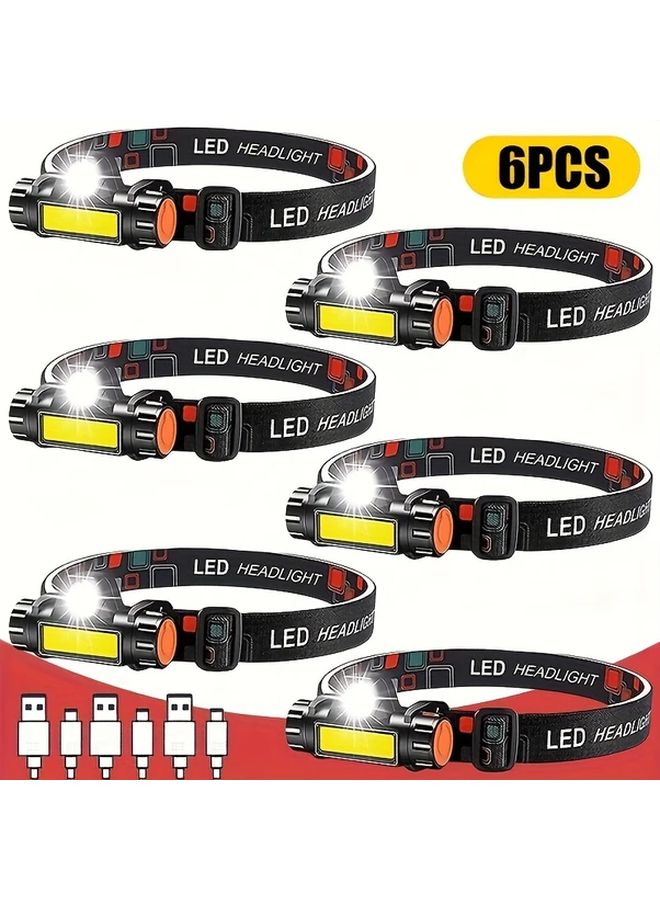 6pcs LED Headlamp USB Rechargeable Adjustable Headband Lightweight Outdoor Camping - Image 2