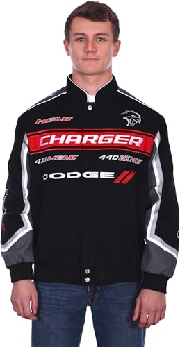 JH DESIGN GROUP JH Design Men’s Dodge Charger Black Jacket Sm-4x Embroidered Twill Coat (US, Alpha, 3X-Large, Regular, Regular, Black) - Image 1