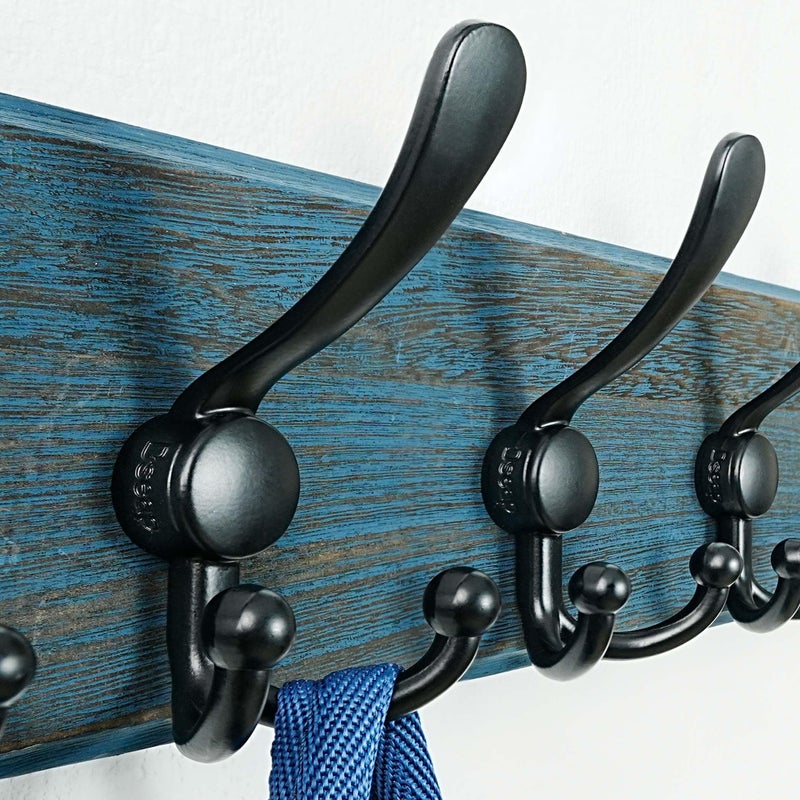 Dseap Coat Rack Wall Mount - Heavy-Duty Robust Barnwood-Style Wooden Wall Coat Hanger Hook Rail with 5 Triple Hooks for Winter Coats Hat Jacket Clothing, Weathered Blue & Black - Image 3