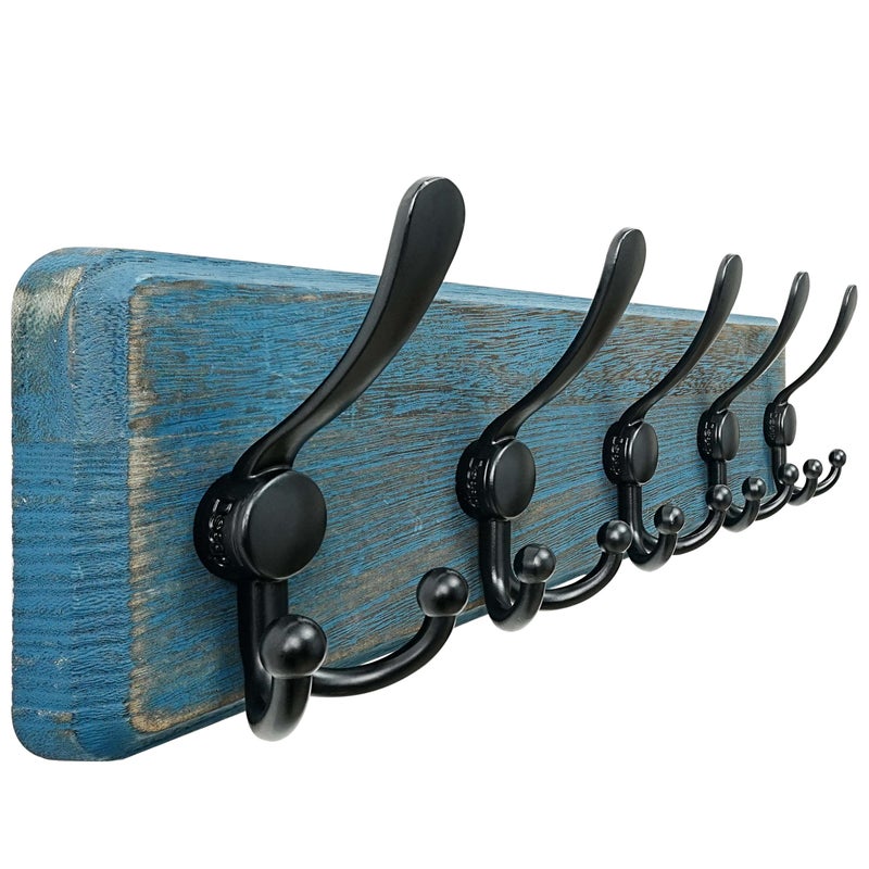 Dseap Coat Rack Wall Mount - Heavy-Duty Robust Barnwood-Style Wooden Wall Coat Hanger Hook Rail with 5 Triple Hooks for Winter Coats Hat Jacket Clothing, Weathered Blue & Black - Image 1