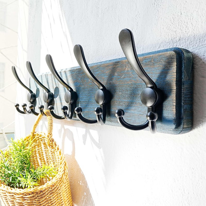 Dseap Coat Rack Wall Mount - Heavy-Duty Robust Barnwood-Style Wooden Wall Coat Hanger Hook Rail with 5 Triple Hooks for Winter Coats Hat Jacket Clothing, Weathered Blue & Black - Image 2