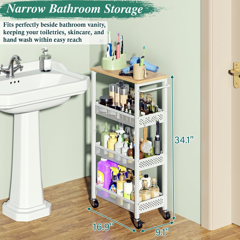 OKZEST Utility Slim Storage Cart, 4-Tier Narrow Bathroom Organizers and Storage Cart, Narrow Metal Kitchen Laundry Room Organization Shelf with Wood Top, Slim Rolling Carts with Wheels for Small Space - Image 3