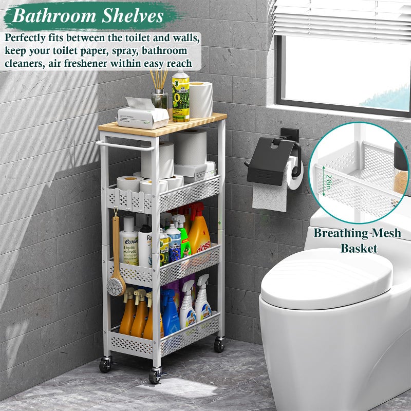 OKZEST Utility Slim Storage Cart, 4-Tier Narrow Bathroom Organizers and Storage Cart, Narrow Metal Kitchen Laundry Room Organization Shelf with Wood Top, Slim Rolling Carts with Wheels for Small Space - Image 4