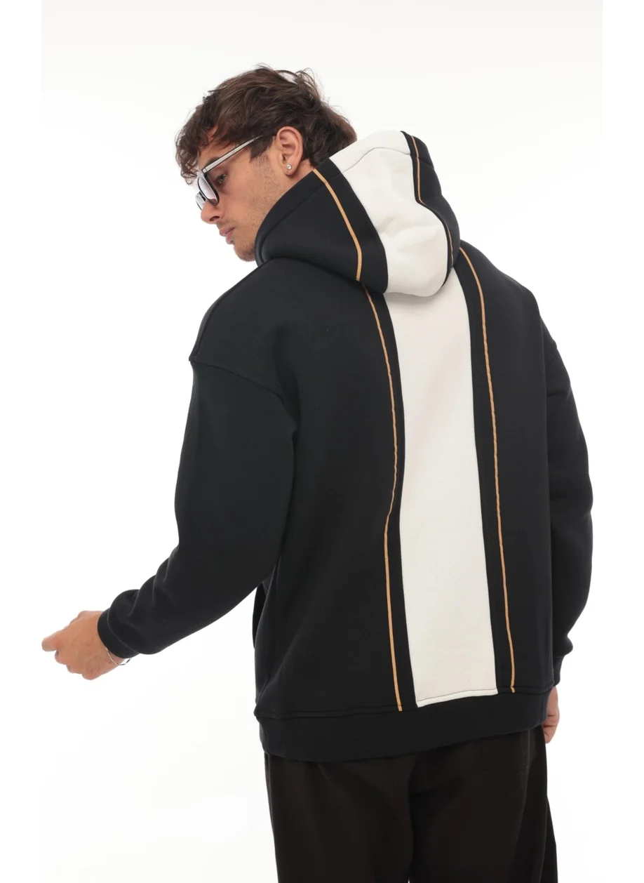 Miron Navy Blue Back Stripe Hooded Three Thread Oversize SWEATSHIRT-2437