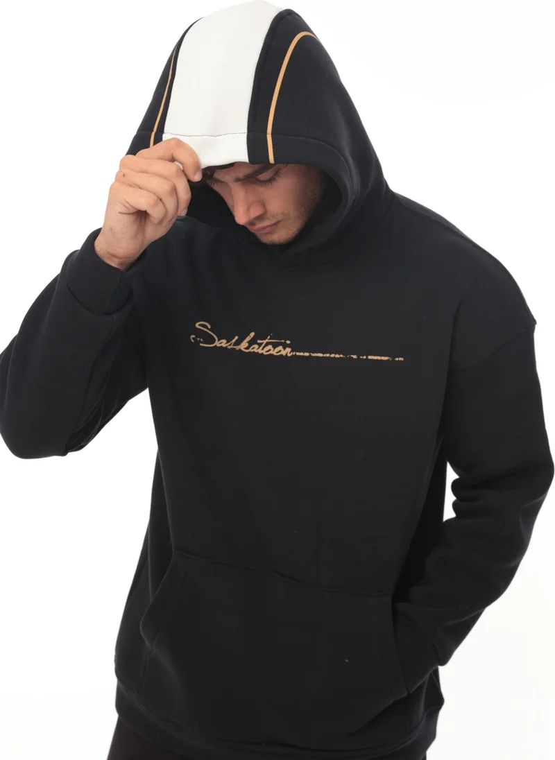 Miron Navy Blue Back Stripe Hooded Three Thread Oversize SWEATSHIRT-2437