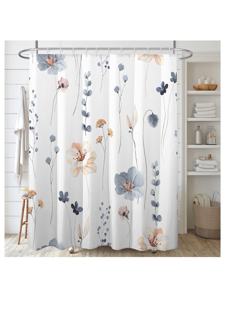 Excefore Watercolor Floral Shower Curtain Sets, Boho Floral Shower Curtain, Watercolor Blue Flowers Shower Curtain Sets, Modern Minimalist Waterproof Fabric Bath Curtain, with 12 Hooks (72x72 Inches) - Image 1