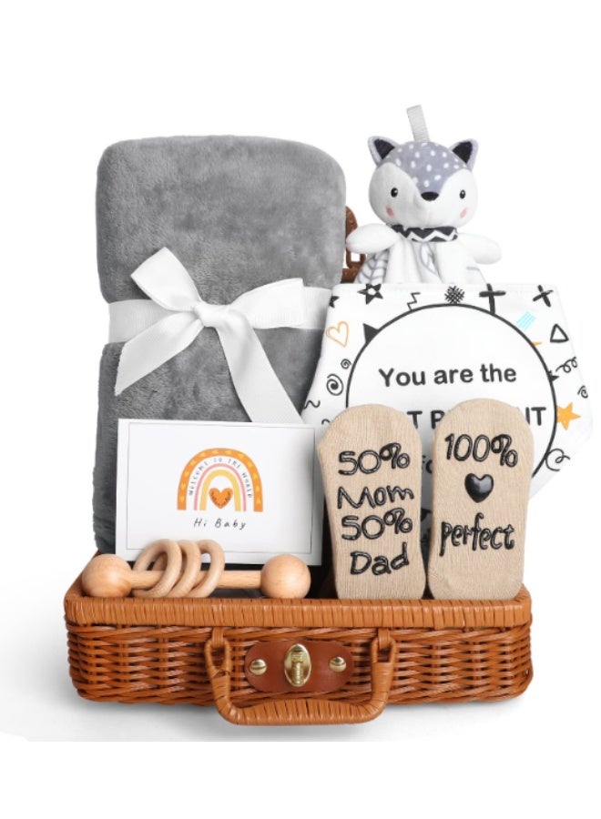 DOOKOO Baby Shower Gifts, New Born Baby Gifts for Girls Boys, Unique Baby Gifts Basket Essential Stuff - Baby Lovey Blanket Newborn Bibs Socks Wooden Rattle u0026 Greeting Card, Newborn Baby Gift Set - Image 1