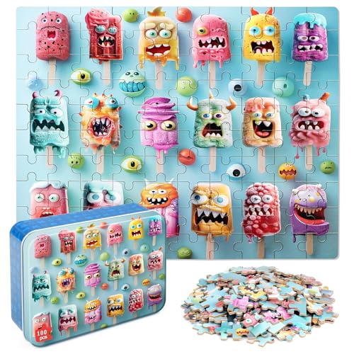 LELEMON Popsicle Monsters Puzzles for Kids Ages 48100 Pieces Funny Colorful Monsters Ice Cream Jigsaw Puzzles in a Metal BoxCute Monster Popsicles Learning Educational Toys for Boys Girls - Image 1