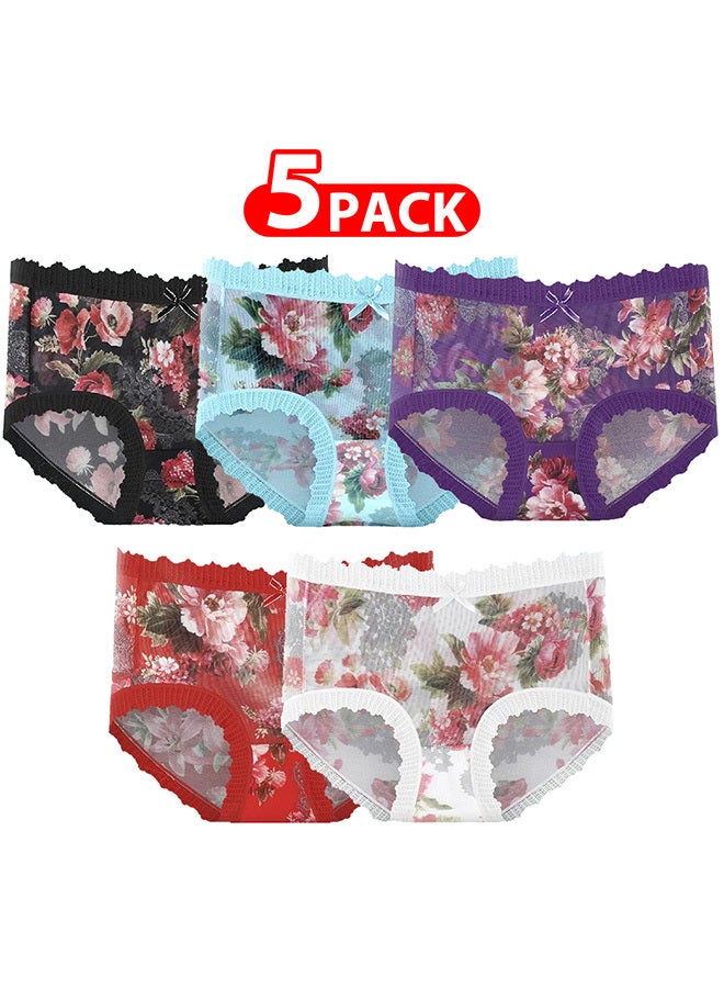 MARGOUN 5 Packs Ultra-thin Panties Women Lace Briefs Ice Silk Mid-Waist Panties Female Lingerie Fashion Flower Print Seamless Underwear/M (Waist 22'')--L (Waist 24'')--XL (Waist 26'') - Image 1