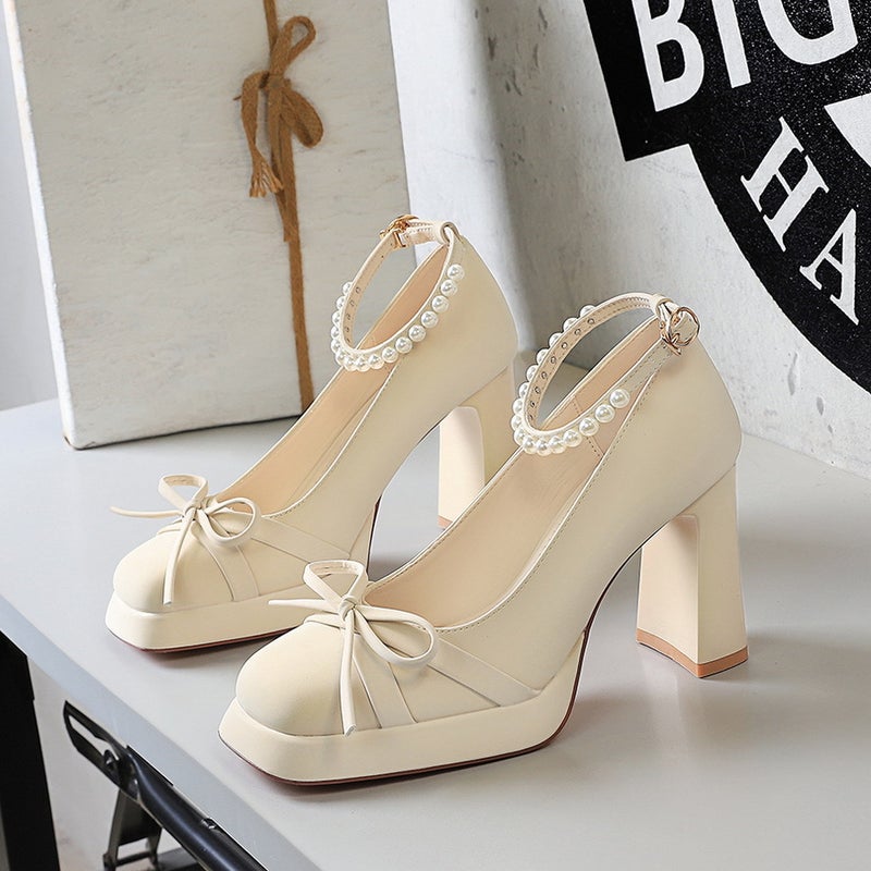 9899-9 French-Style Bowknot Waterproof Platform Chunky High Heels For Women, Square Toe Shallow Mouth Pearl Buckle Single Shoes For Women - Image 2