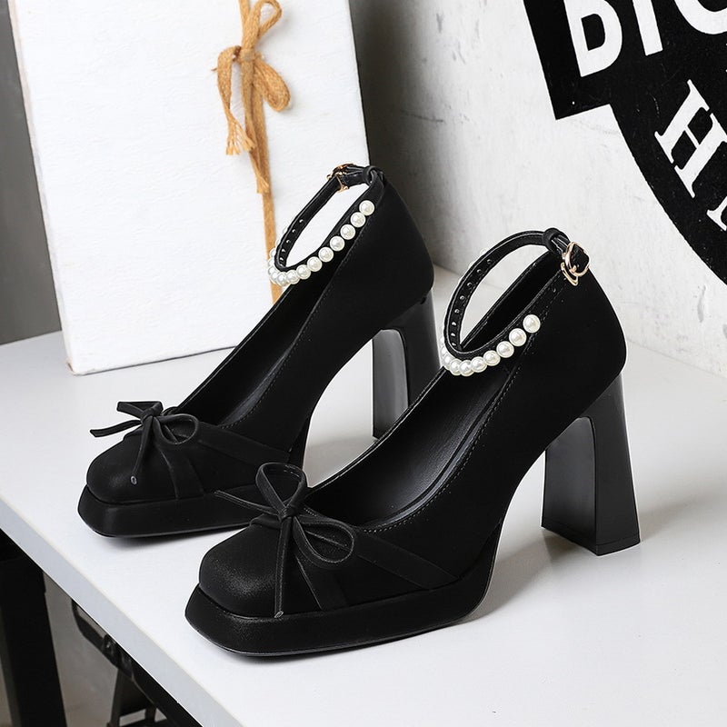 9899-9 French-Style Bowknot Waterproof Platform Chunky High Heels For Women, Square Toe Shallow Mouth Pearl Buckle Single Shoes For Women - Image 3