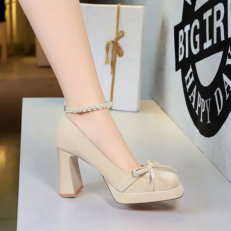 9899-9 French-Style Bowknot Waterproof Platform Chunky High Heels For Women, Square Toe Shallow Mouth Pearl Buckle Single Shoes For Women - Image 4