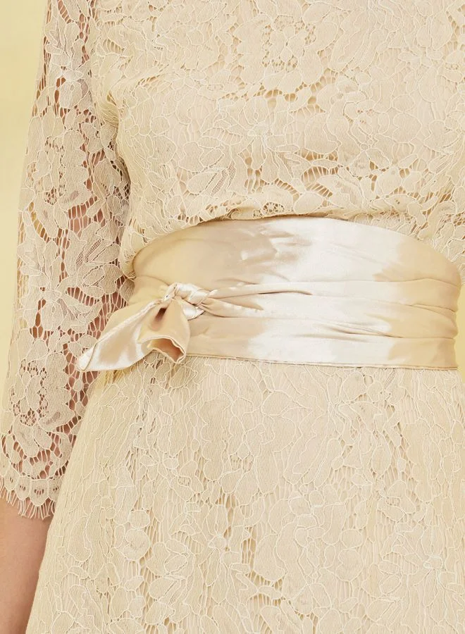 Styli Lace Insert Sheath Midi Dress with Wrap Belt