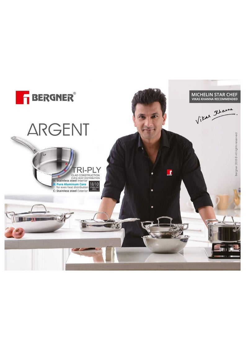 بيرجنر مقلاة تادكا ثلاثية من الستانلس ستيل من أرجنت بمقبض طويل بارد لتوابل التوابل والقلي والتسخين والتحميص مقاس 12 سم فضي قياسي - Image 3