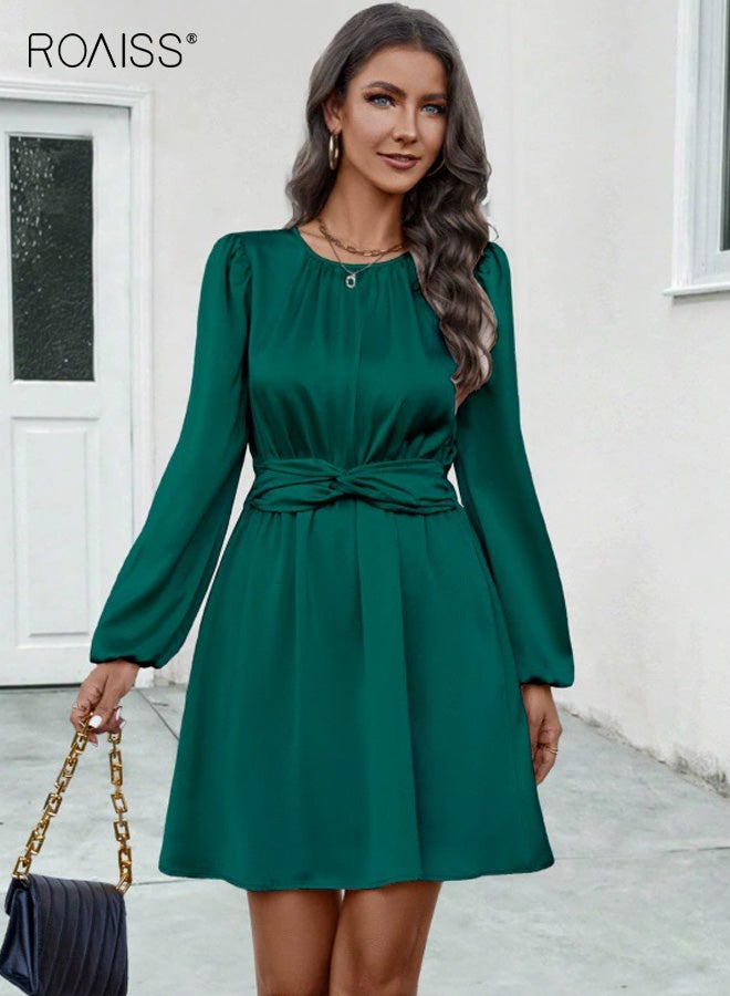 roaiss 2025 Summer Women's Dress, New Sweet & Elegant Flared/A-line Dress, Stretch-Fit Polyester Short Dress, Featuring Faux Tie Detail, Dark Green - Image 1