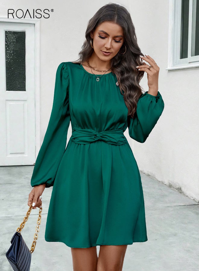 roaiss 2025 Summer Women's Dress, New Sweet & Elegant Flared/A-line Dress, Stretch-Fit Polyester Short Dress, Featuring Faux Tie Detail, Dark Green - Image 3