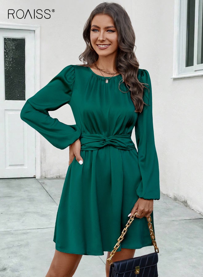roaiss 2025 Summer Women's Dress, New Sweet & Elegant Flared/A-line Dress, Stretch-Fit Polyester Short Dress, Featuring Faux Tie Detail, Dark Green - Image 4