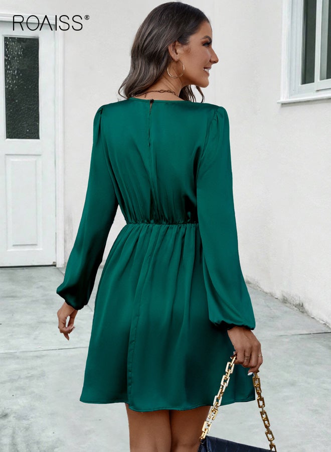 roaiss 2025 Summer Women's Dress, New Sweet & Elegant Flared/A-line Dress, Stretch-Fit Polyester Short Dress, Featuring Faux Tie Detail, Dark Green - Image 5