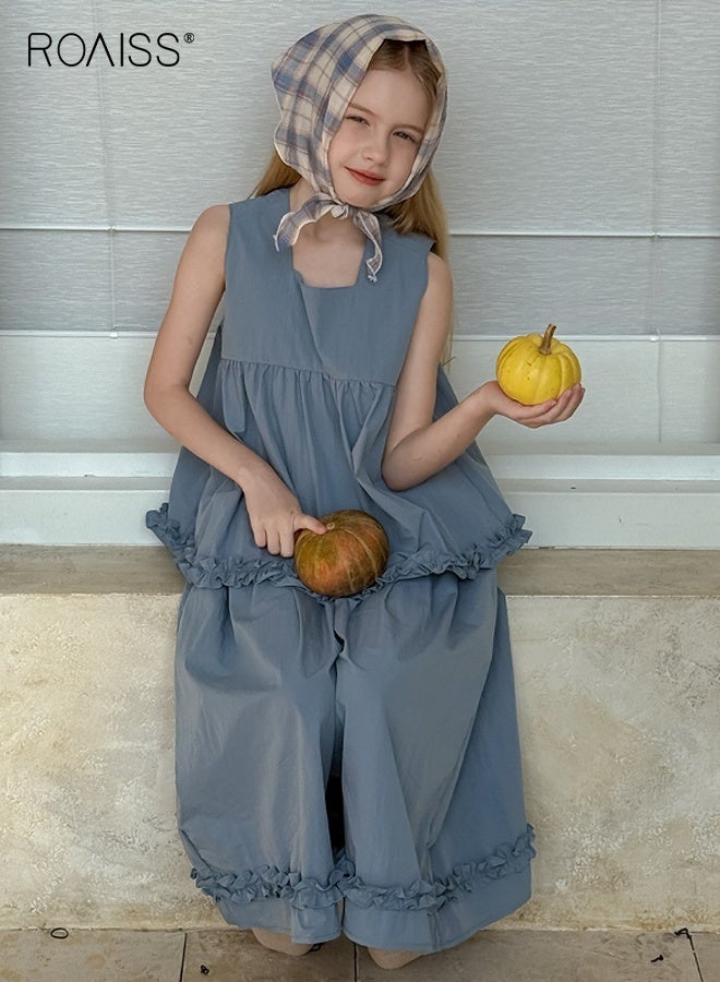 roaiss Girls Camisole and Pants Set with Ruffled Hem, Stylish Summer Outfit with Sleeveless Top and Wide Leg Pants, 2 Piece Comortable Clothing Set for Girls  - Image 5