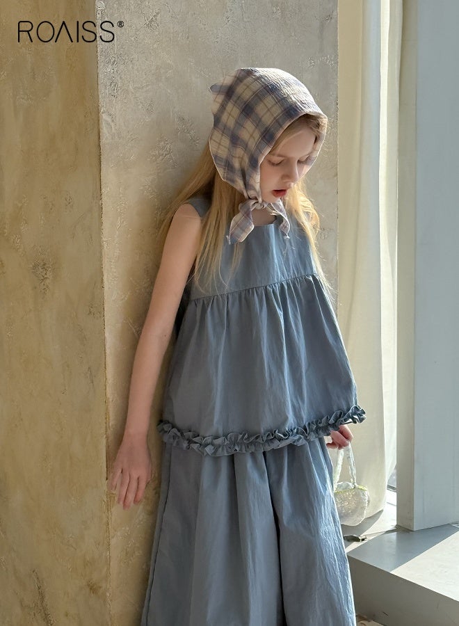 roaiss Girls Camisole and Pants Set with Ruffled Hem, Stylish Summer Outfit with Sleeveless Top and Wide Leg Pants, 2 Piece Comortable Clothing Set for Girls  - Image 2