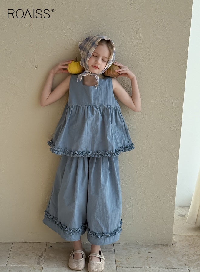 roaiss Girls Camisole and Pants Set with Ruffled Hem, Stylish Summer Outfit with Sleeveless Top and Wide Leg Pants, 2 Piece Comortable Clothing Set for Girls  - Image 1
