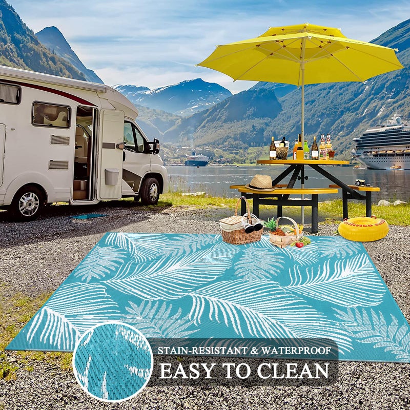 Pauwer Waterproof Outdoor Rug 8x10, Reversible Plastic Straw Patio Camping Rug, Indoor Outdoor RV Mat Carpet for Deck, Camper, Porch, Balcony, Backyard, Picnic, Leaf Teal - Image 5