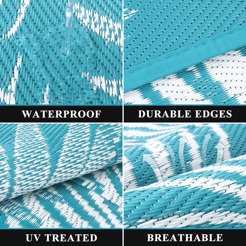 Pauwer Waterproof Outdoor Rug 8x10, Reversible Plastic Straw Patio Camping Rug, Indoor Outdoor RV Mat Carpet for Deck, Camper, Porch, Balcony, Backyard, Picnic, Leaf Teal - Image 3