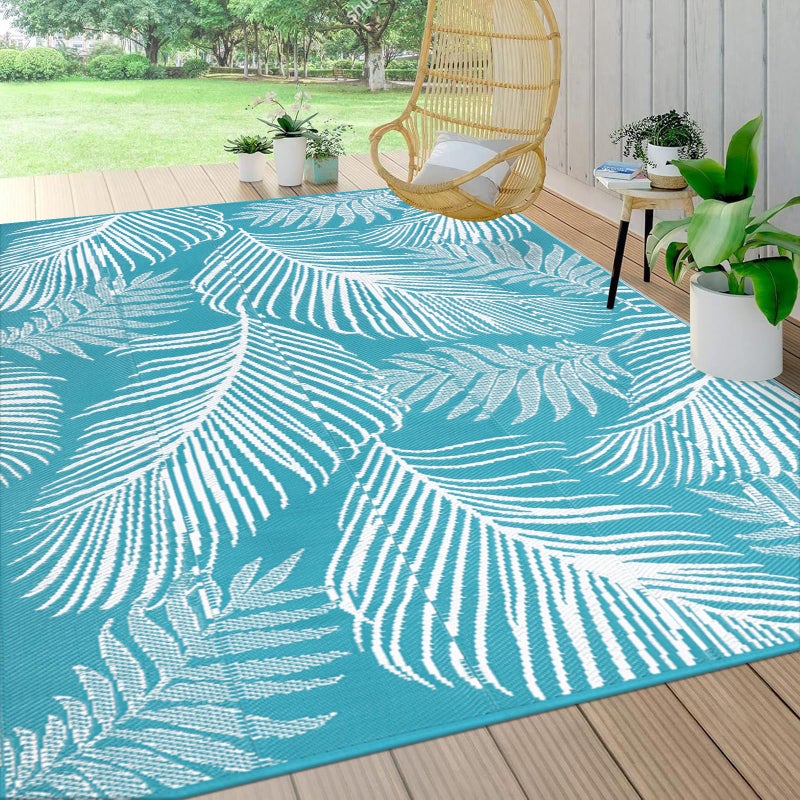 Pauwer Waterproof Outdoor Rug 8x10, Reversible Plastic Straw Patio Camping Rug, Indoor Outdoor RV Mat Carpet for Deck, Camper, Porch, Balcony, Backyard, Picnic, Leaf Teal - Image 1