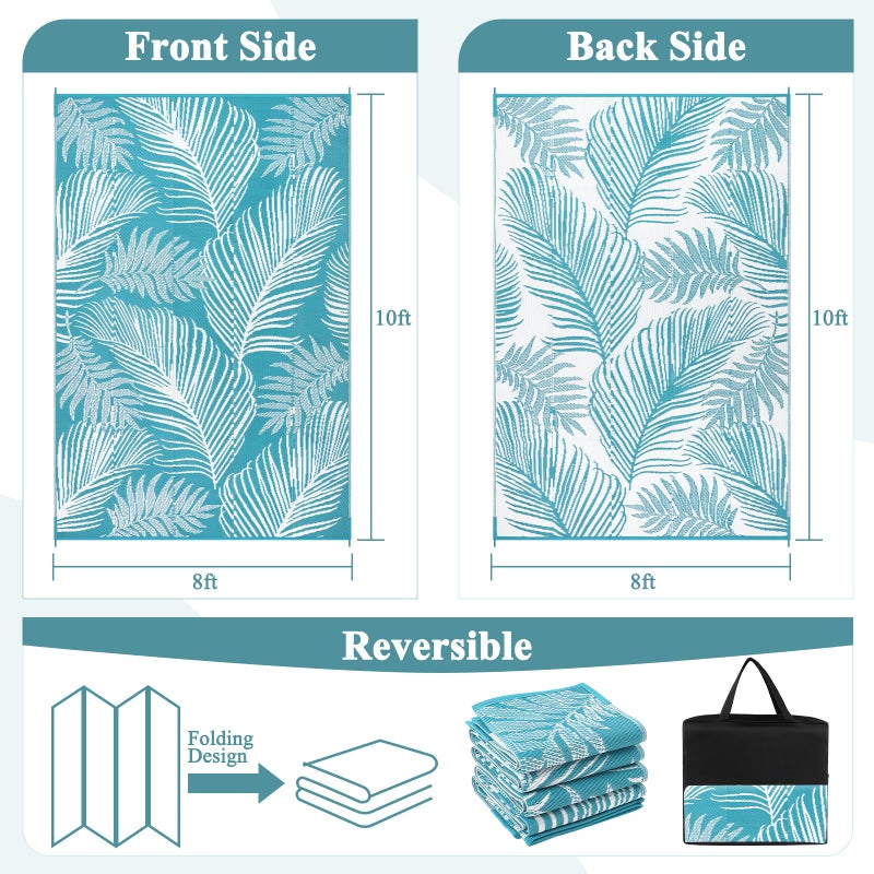 Pauwer Waterproof Outdoor Rug 8x10, Reversible Plastic Straw Patio Camping Rug, Indoor Outdoor RV Mat Carpet for Deck, Camper, Porch, Balcony, Backyard, Picnic, Leaf Teal - Image 2