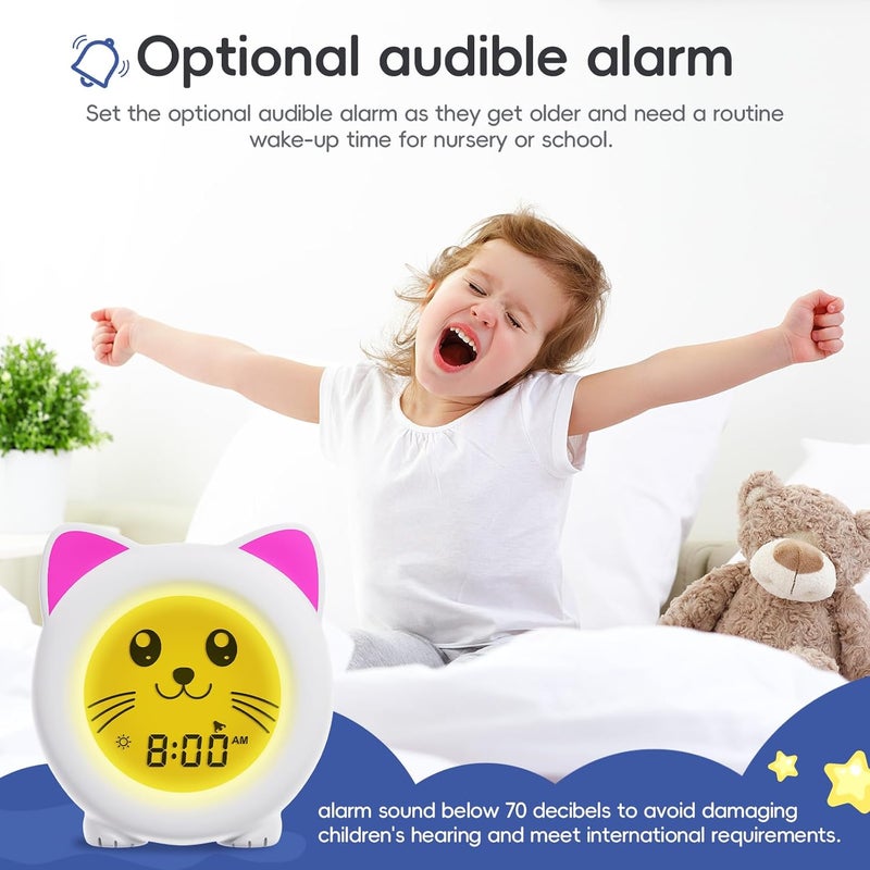 BH Sleep Trainer Clock for Toddler - Ok to Wake Clock, USB Rechargeable Cat Kids Alarm Clock, Drop Proof, Night Light, Science-Backed Lighting for Peaceful Sleep and Ready to Rise Mornings - Kitty - Image 5