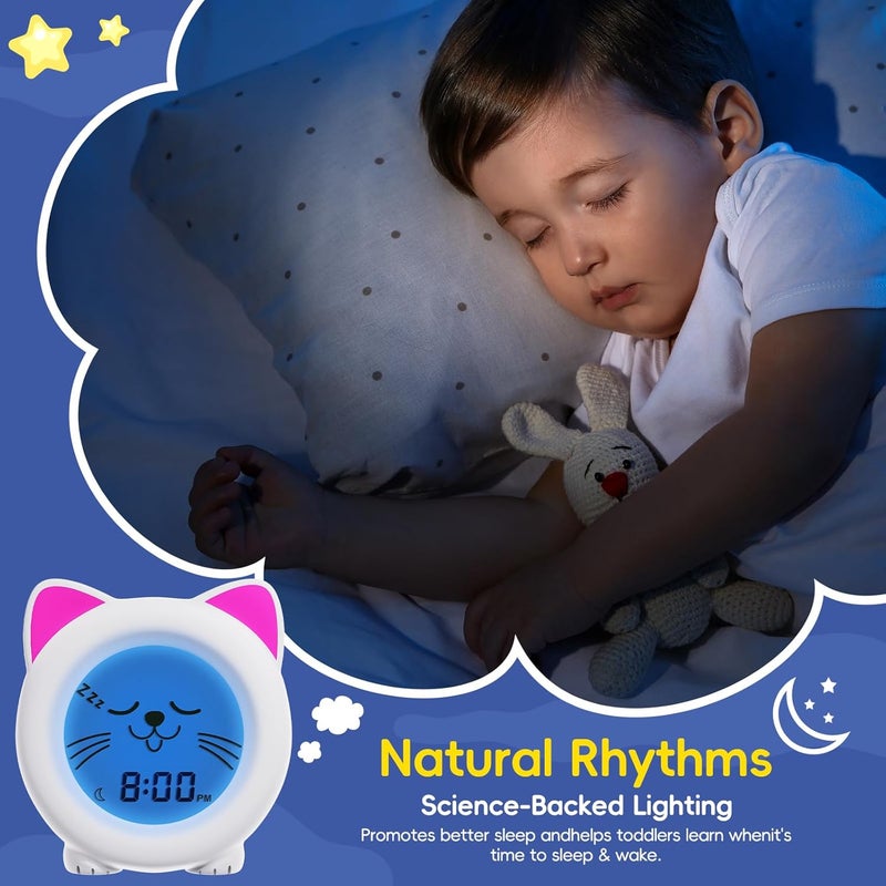 BH Sleep Trainer Clock for Toddler - Ok to Wake Clock, USB Rechargeable Cat Kids Alarm Clock, Drop Proof, Night Light, Science-Backed Lighting for Peaceful Sleep and Ready to Rise Mornings - Kitty - Image 2