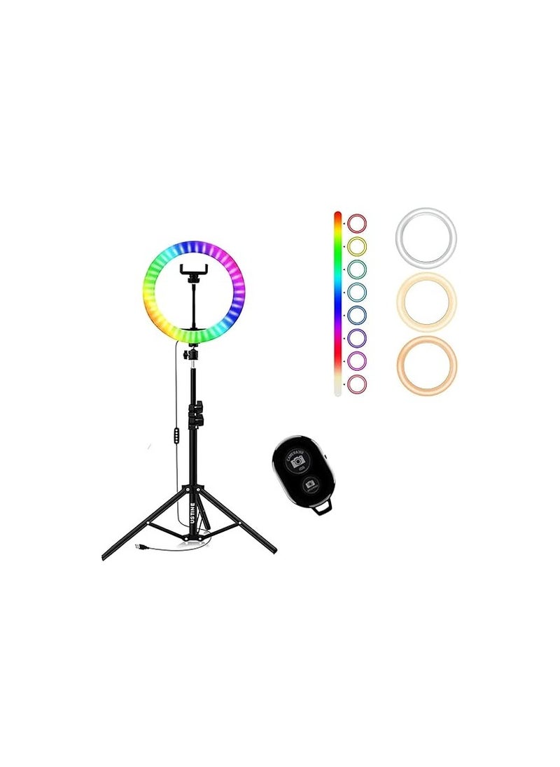 ماركة غير محددة حلقة إضاءة LED RGB مقاس 25 سم مع حامل ثلاثي 212 سم – لتصوير الفيديو والمكياج والجوال – قاعدة قابلة للطي وجهاز تحكم بلوتوث  - Image 1