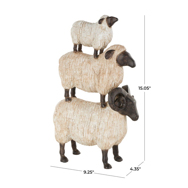 Deco 79 Polystone Sheep Stacked Sculpture with Black Accents  9"" x 4"" x 15""  Cream - Image 2
