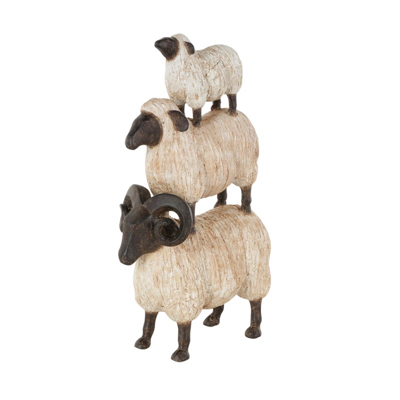 Deco 79 Polystone Sheep Stacked Sculpture with Black Accents  9"" x 4"" x 15""  Cream - Image 4