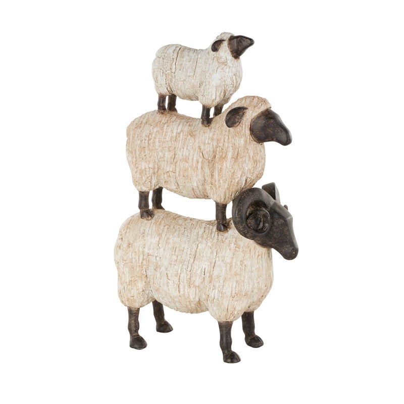 Deco 79 Polystone Sheep Stacked Sculpture with Black Accents  9"" x 4"" x 15""  Cream - Image 1