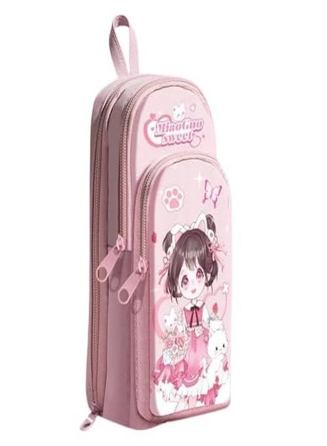 TEMSON Large Capacity Pencil Case - 3 Compartment Standing Pencil Case, Cute Cartoon Multifunctional Stationery Organizer Pencil Pouch for Office College School (CK161) (Girl - Pink) - Image 1