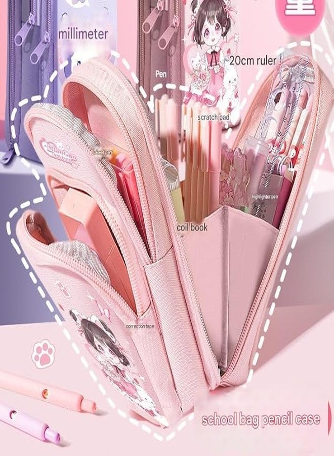 TEMSON Large Capacity Pencil Case - 3 Compartment Standing Pencil Case, Cute Cartoon Multifunctional Stationery Organizer Pencil Pouch for Office College School (CK161) (Girl - Pink) - Image 4