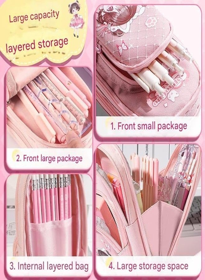 TEMSON Large Capacity Pencil Case - 3 Compartment Standing Pencil Case, Cute Cartoon Multifunctional Stationery Organizer Pencil Pouch for Office College School (CK161) (Girl - Pink) - Image 3